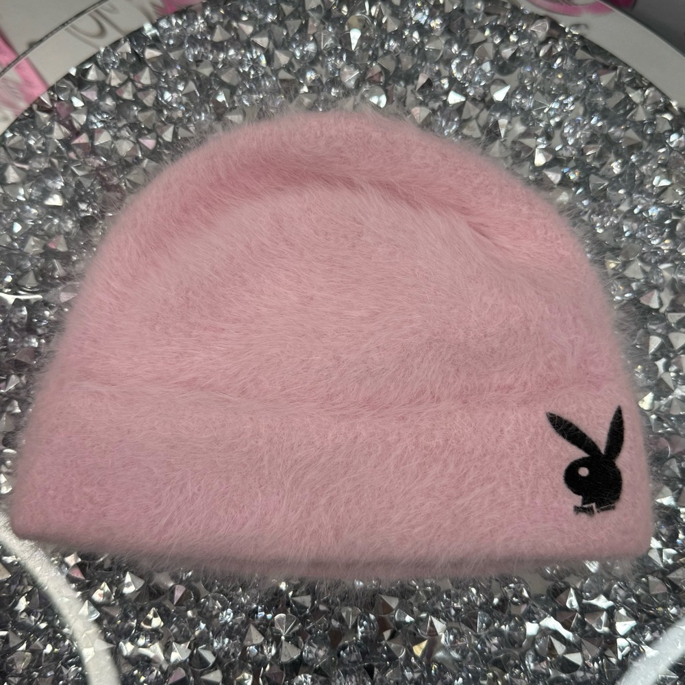 PLAYBOY bunny hat toque wool rabbit hair Pink Fuzzy Beanie with Black Bunny Logo